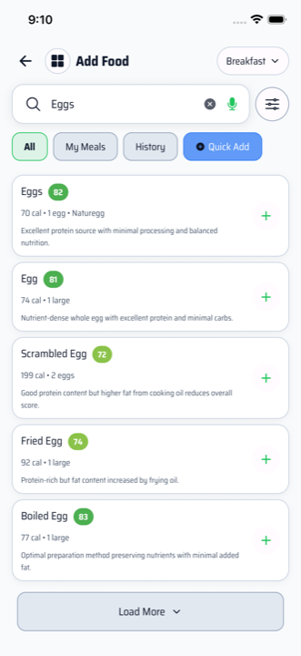 Food search, listing dishes with calories and macros